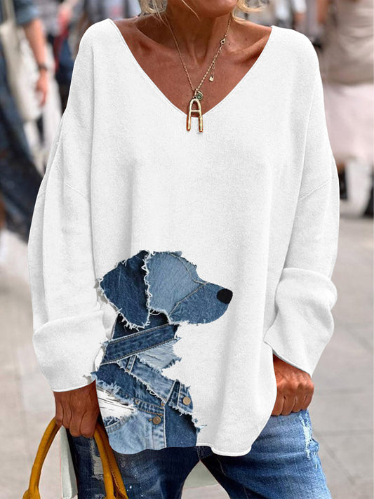 Women's Retro V-Neck Animal Print Casual Long Sleeve T-Shirt