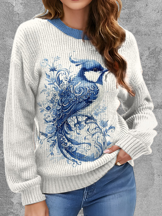 Womens' Delft Blue Bird Art Printed Round Neck Comfortable Sweater