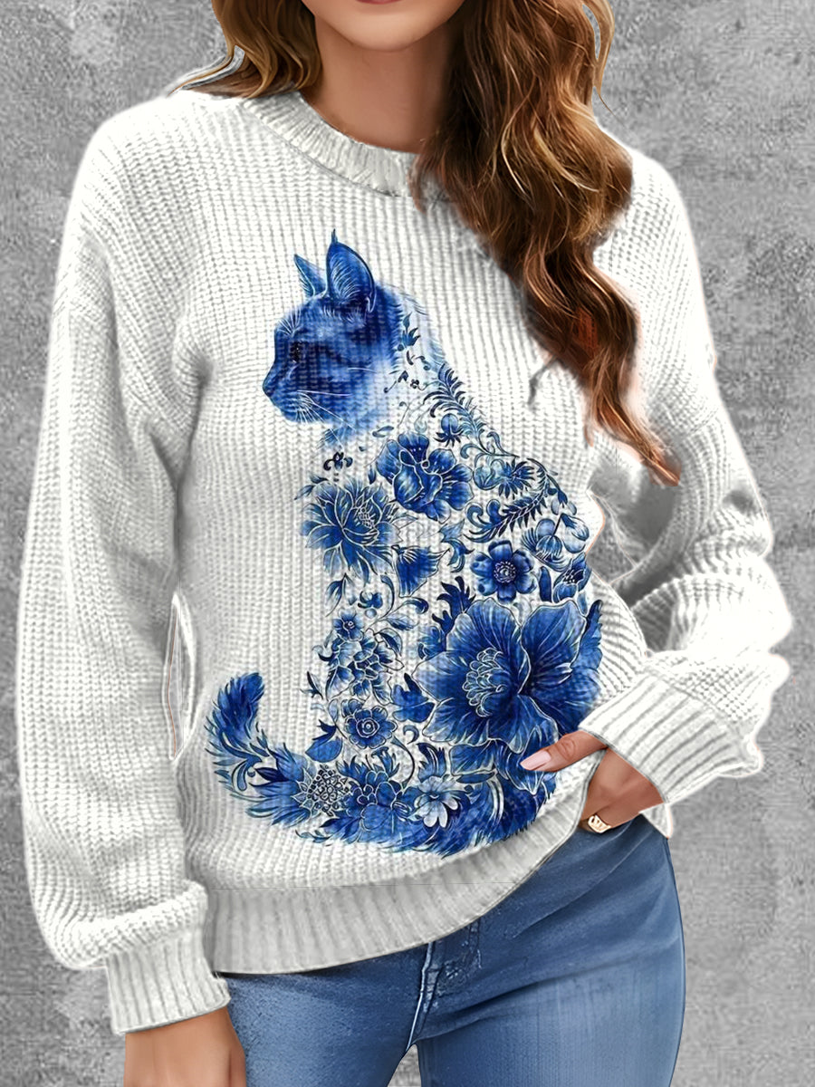 Womens' Delft Blue Cat Art Printed Round Neck Comfortable Sweater