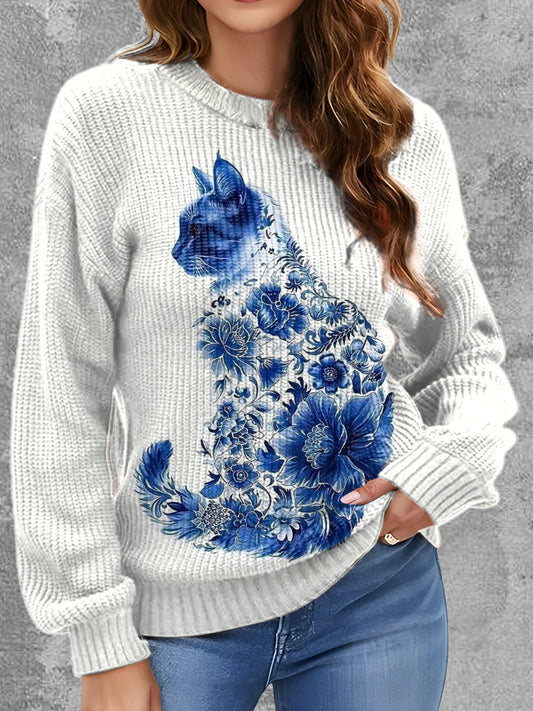 Womens' Delft Blue Cat Art Printed Round Neck Comfortable Sweater