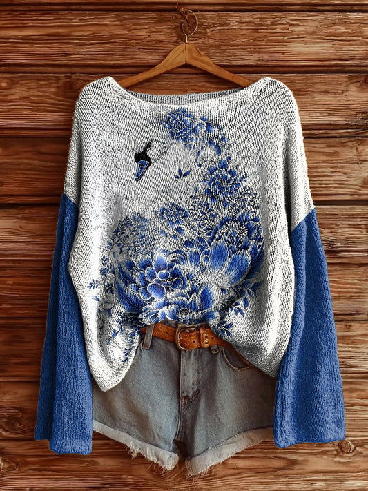 Women's Delft Blue Goose Printed Drop Shoulder Long Sleeve Antarctic Fleece Sweater