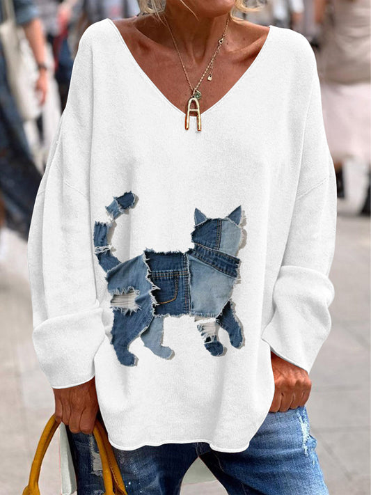 Women's Retro V-Neck Animal Print Casual Long Sleeve T-Shirt