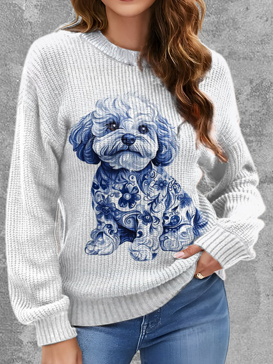 Womens' Delft Blue Dog Art Printed Round Neck Comfortable Sweater