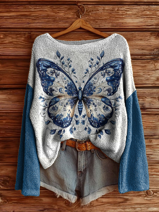 Women's Delft Blue Butterfly Printed Drop Shoulder Long Sleeve Antarctic Fleece Sweater