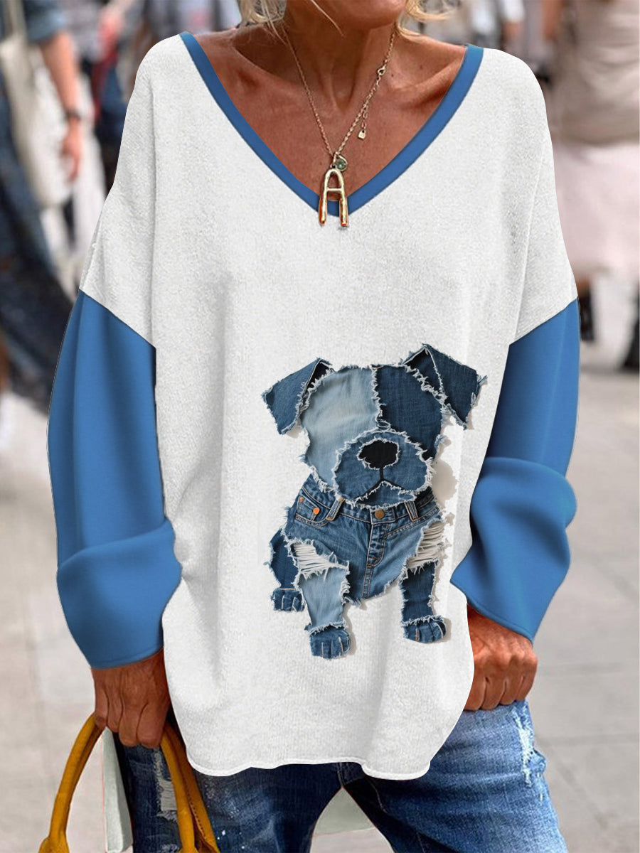 Women's Retro V-Neck Animal Print Casual Long Sleeve T-Shirt