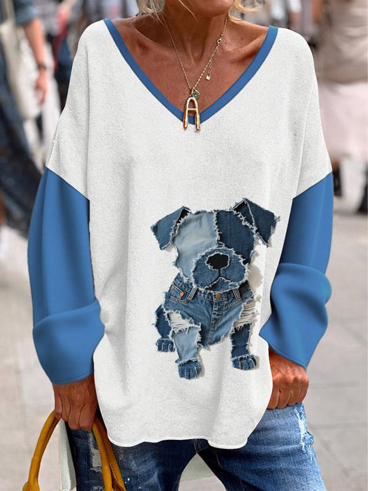 Women's Retro V-Neck Animal Print Casual Long Sleeve T-Shirt
