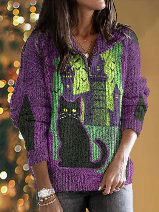 Women's Halloween Spooky Cat Embroidery Knit Zipper Sweater