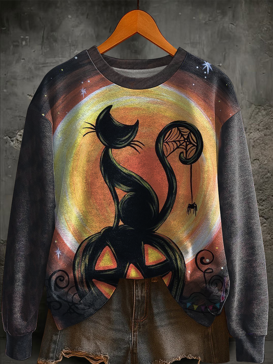 Women's Ha0lloween Black Cat Print Regular Sweatshirt