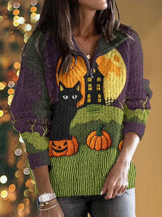 Women's Halloween Spooky Cat Embroidery Knit Zipper Sweater