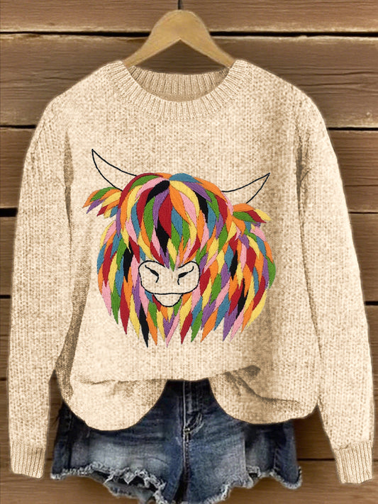 Women's Highland Cow Embroidered Knit Sweater
