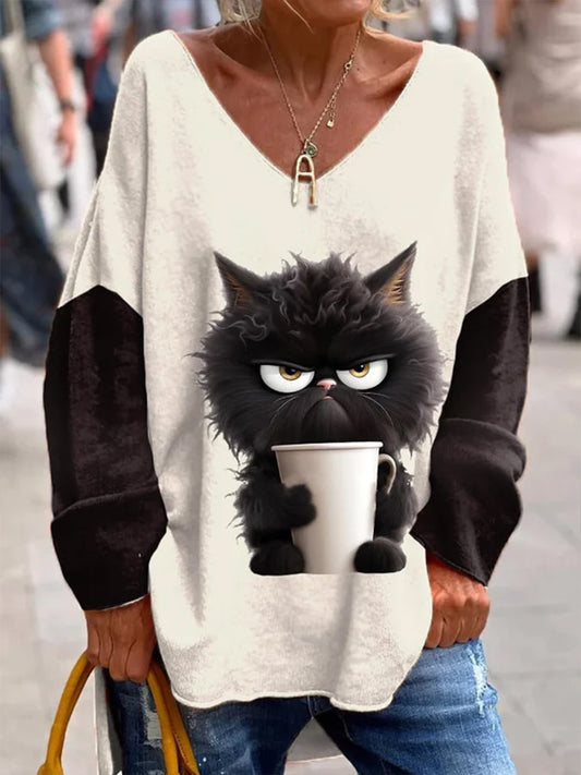 Retro Cat Print Fashionable Round Neck Pullover Long-Sleeved Top