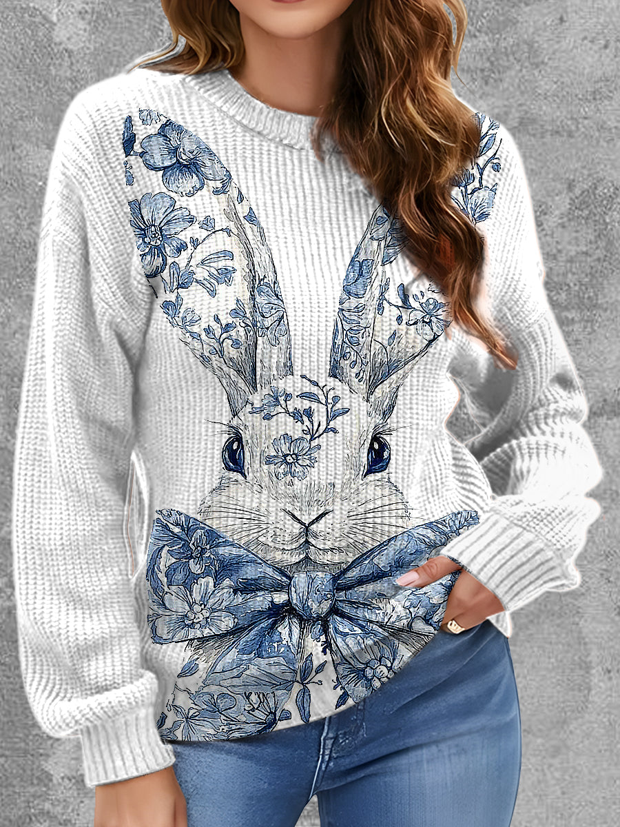 Womens' Elegant Delft Blue Animal Printed Round Neck Comfortable Sweater