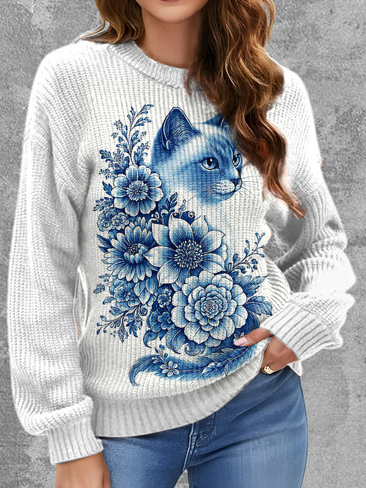 Womens' Elegant Delft Blue Animal Printed Round Neck Comfortable Sweater