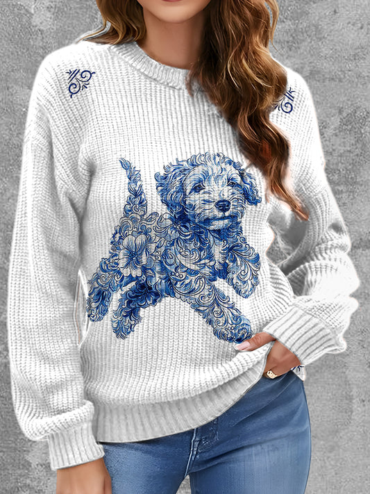 Womens' Elegant Delft Blue Animal Printed Round Neck Comfortable Sweater