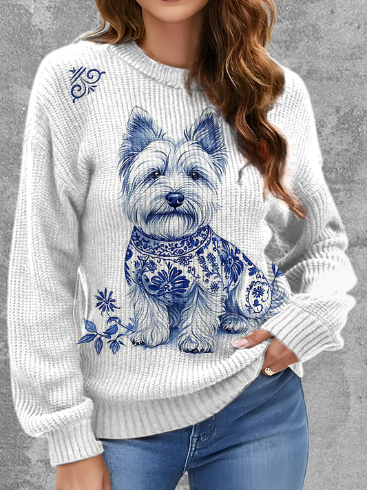 Womens' Elegant Delft Blue Animal Printed Round Neck Comfortable Sweater