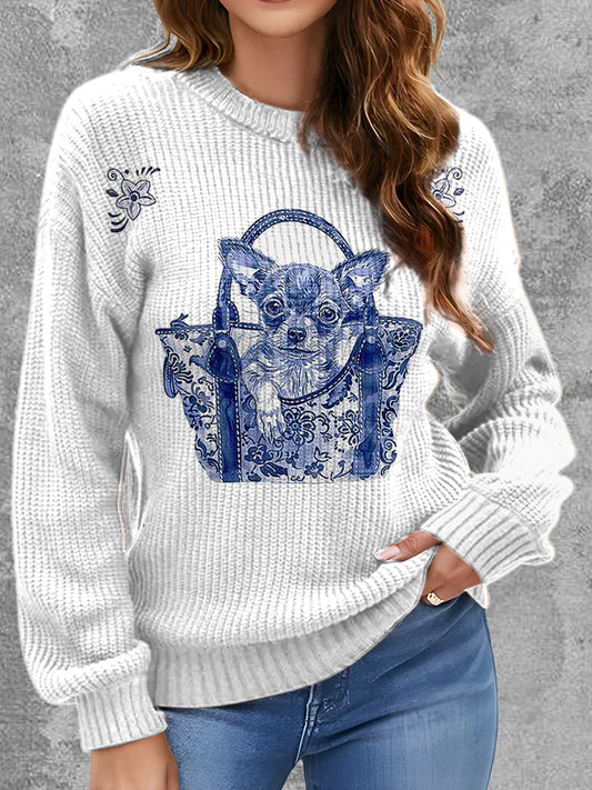 Womens' Elegant Delft Blue Animal Printed Round Neck Comfortable Sweater
