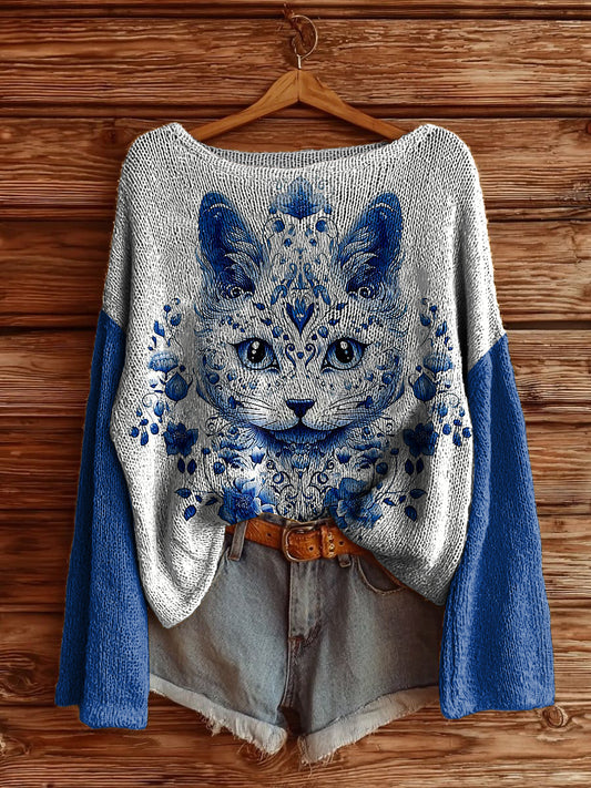 Women's Delft Blue Animal Printed Drop Shoulder Long Sleeve Antarctic Fleece Sweater