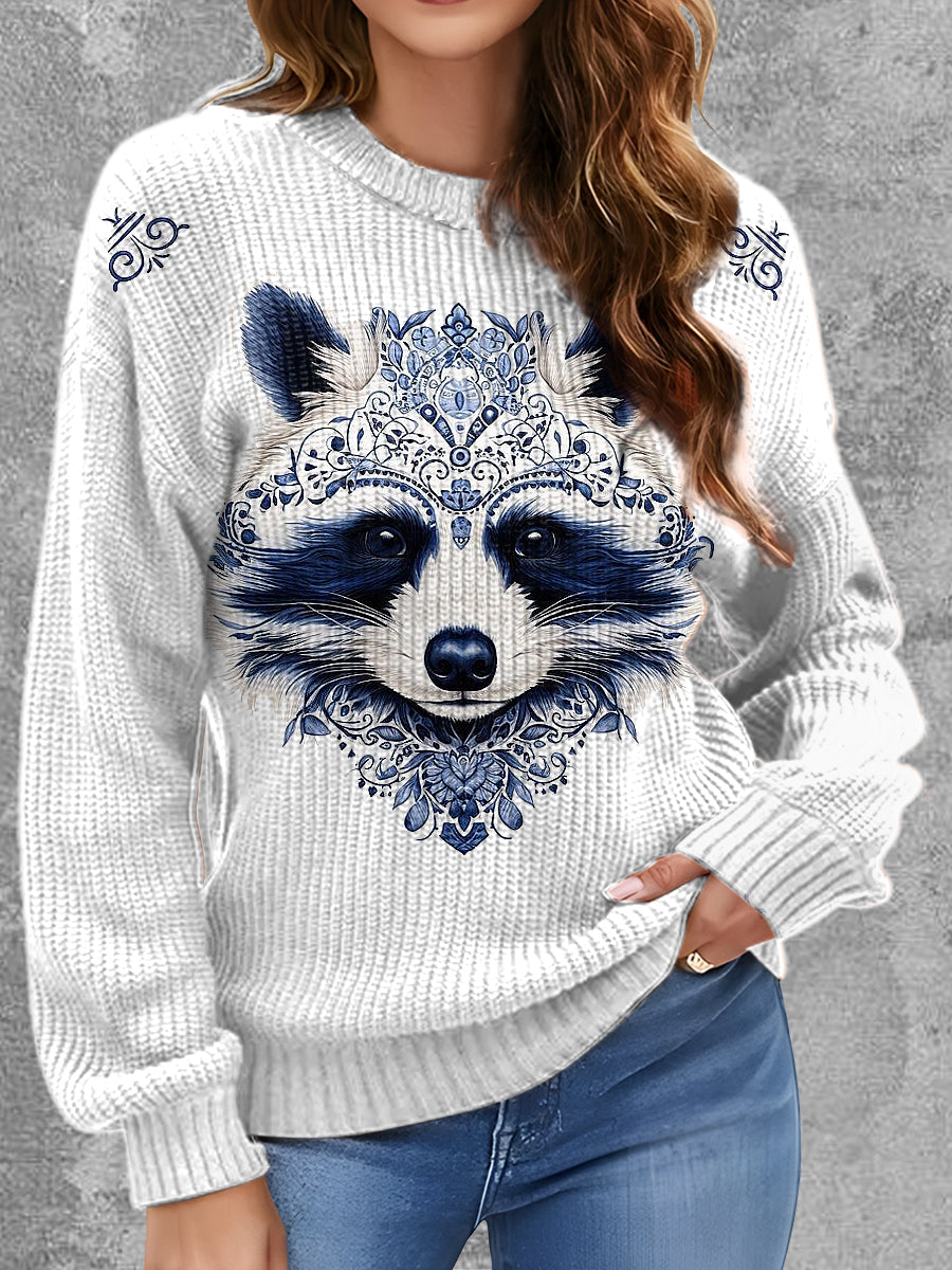 Womens' Elegant Delft Blue Animal Printed Round Neck Comfortable Sweater