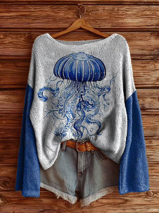 Women's Delft Blue Animal Printed Drop Shoulder Long Sleeve Antarctic Fleece Sweater
