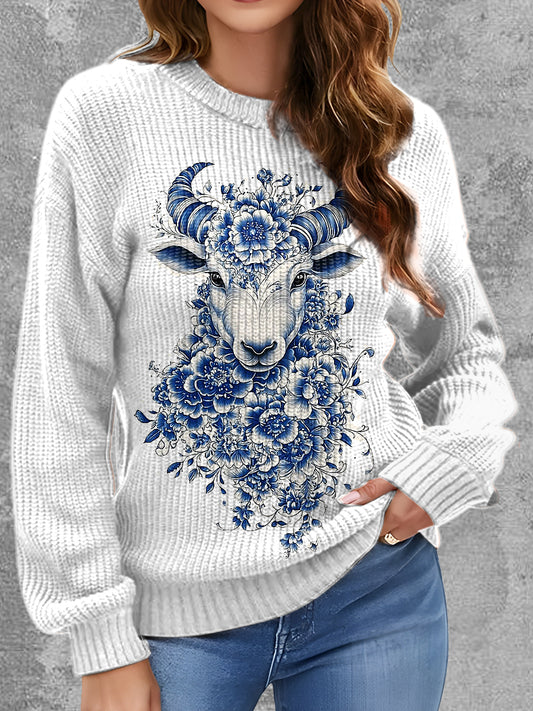 Womens' Elegant Delft Blue Animal Printed Round Neck Comfortable Sweater
