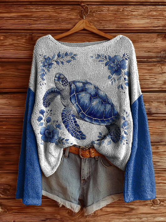 Women's Delft Blue Animal Printed Drop Shoulder Long Sleeve Antarctic Fleece Sweater