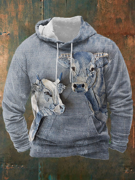 Men's Cowboy Splicing Cow Printed Hooded Sweatshirt