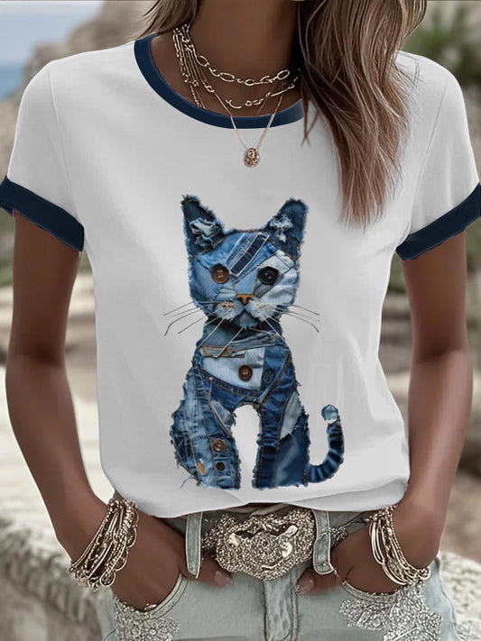 Women's Denim Patchwork Cat  Printed T-shirt