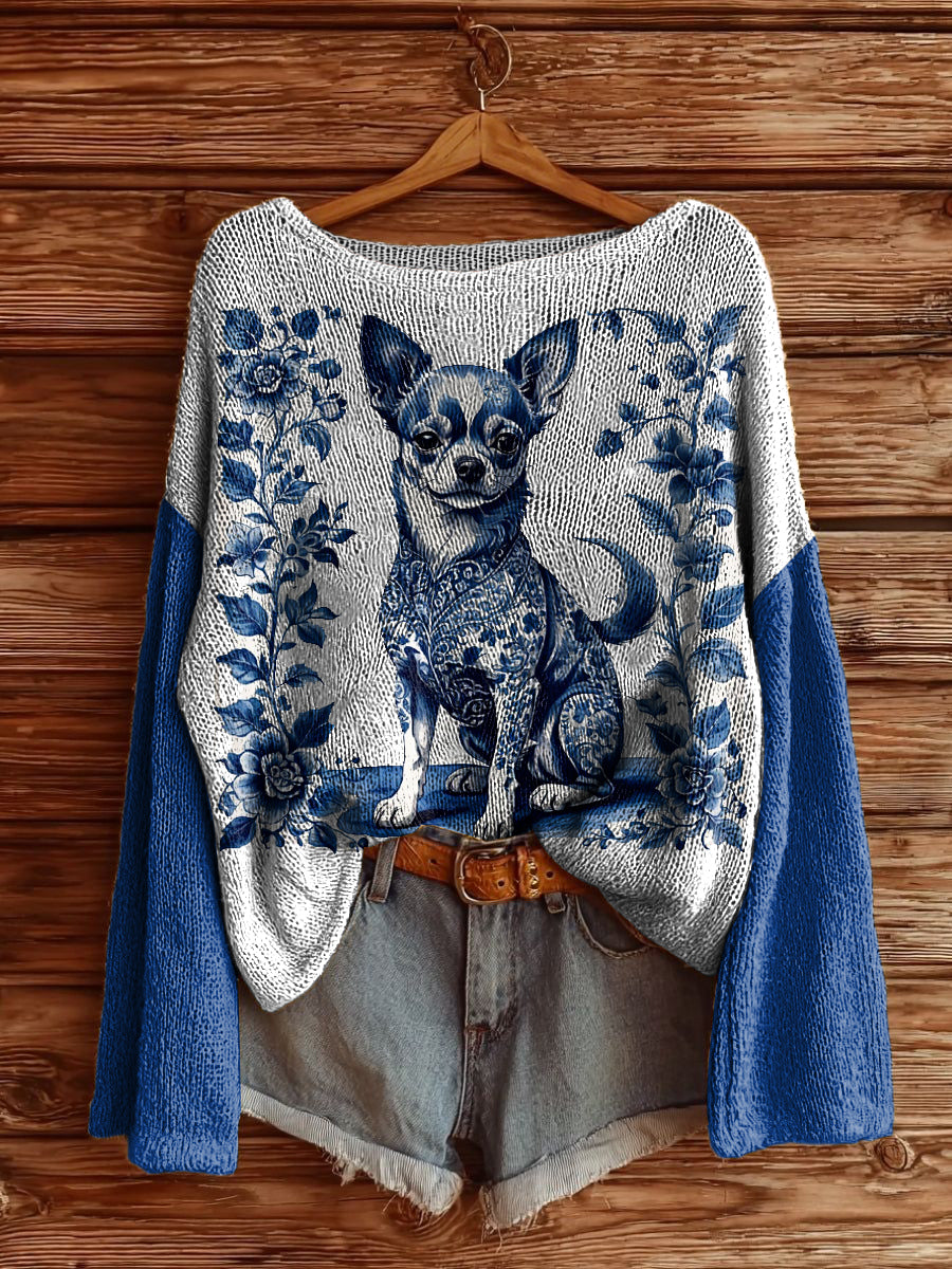 Women's Delft Blue Animal Printed Drop Shoulder Long Sleeve Antarctic Fleece Sweater