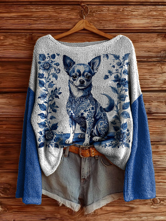 Women's Delft Blue Animal Printed Drop Shoulder Long Sleeve Antarctic Fleece Sweater