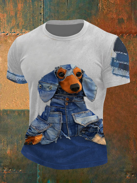 Men's Cowboy Spliced Dachshund Short Sleeves T-shirt