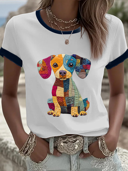 Women's Denim Patchwork Dog  Printed T-shirt