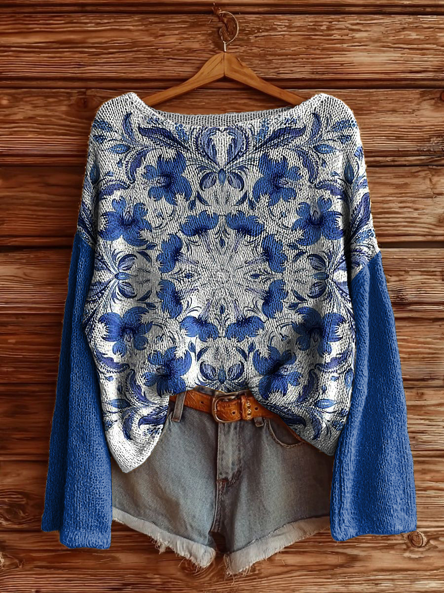 Women's Delft Blue Printed Drop Shoulder Long Sleeve Antarctic Fleece Sweater