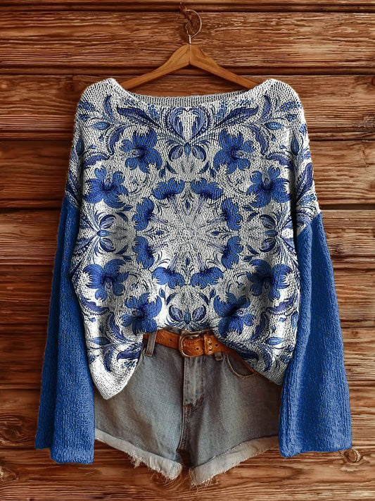 Women's Delft Blue Printed Drop Shoulder Long Sleeve Antarctic Fleece Sweater