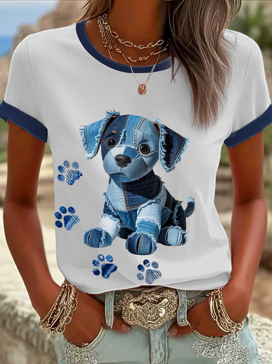 Women's Denim Patchwork Dog  Printed T-shirt