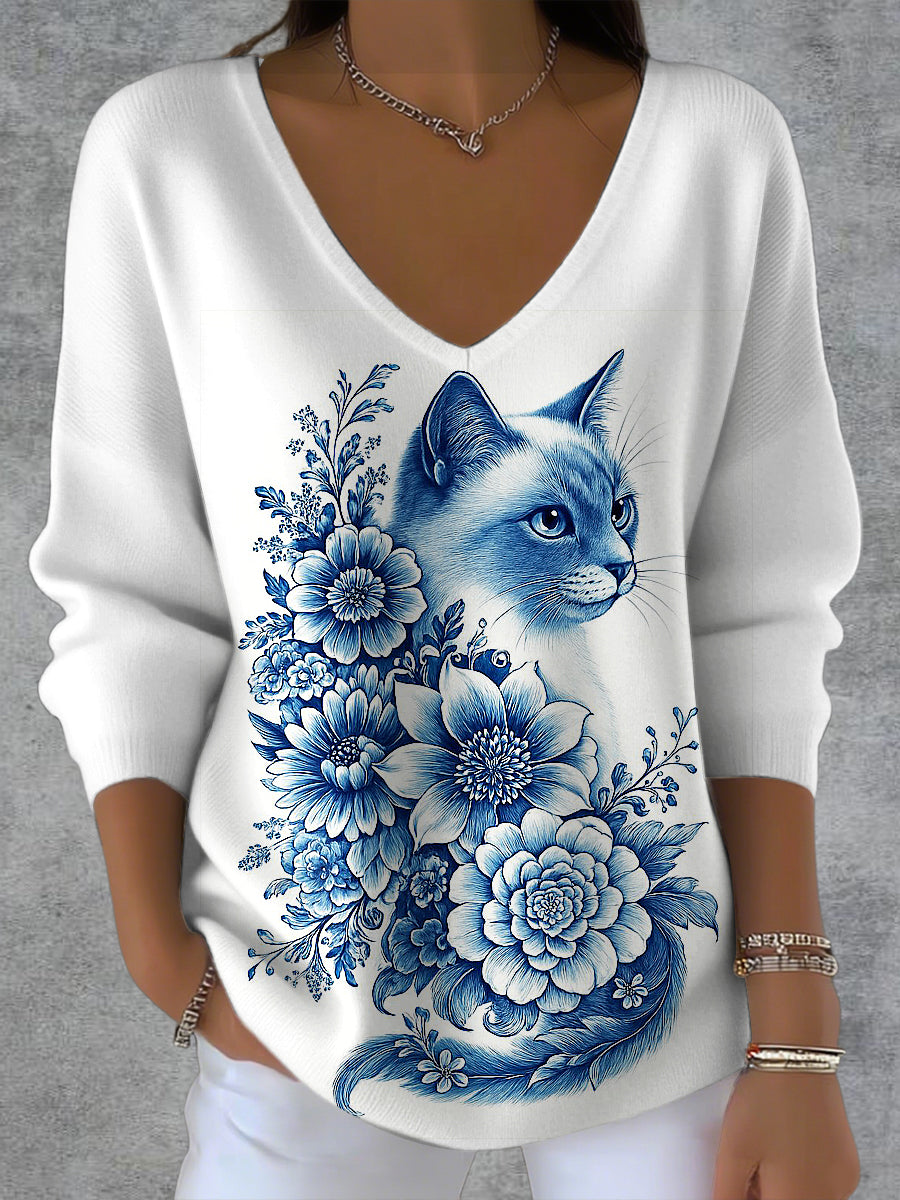Women's Delft Blue Animal Art Printed Knit V-Neck Pullover Sweater