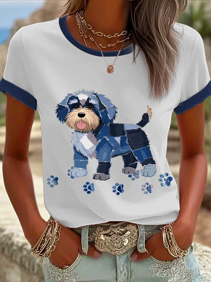 Women's Denim Patchwork Dog  Printed T-shirt