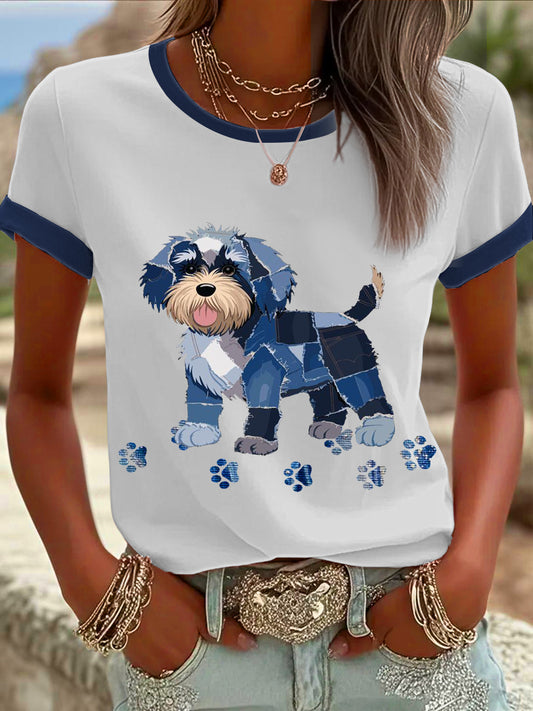 Women's Denim Patchwork Dog  Printed T-shirt