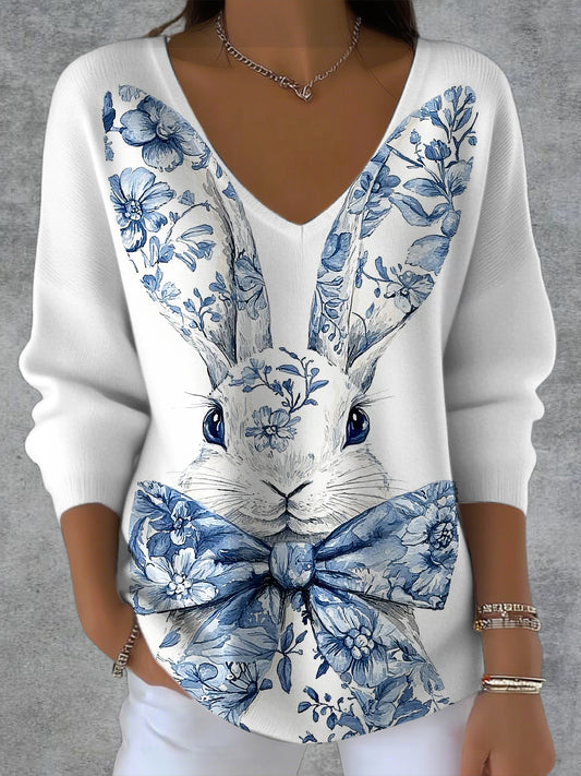 Women's Delft Blue Animal Art Printed Knit V-Neck Pullover Sweater