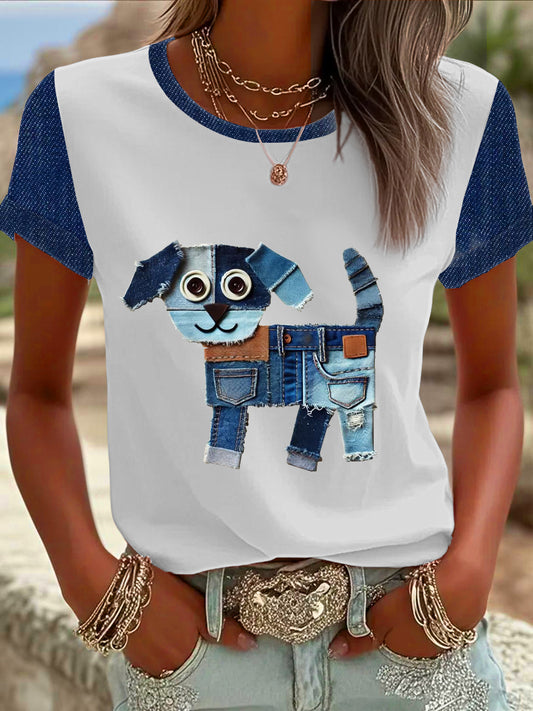 Women's Denim Patchwork Dog  Printed T-shirt