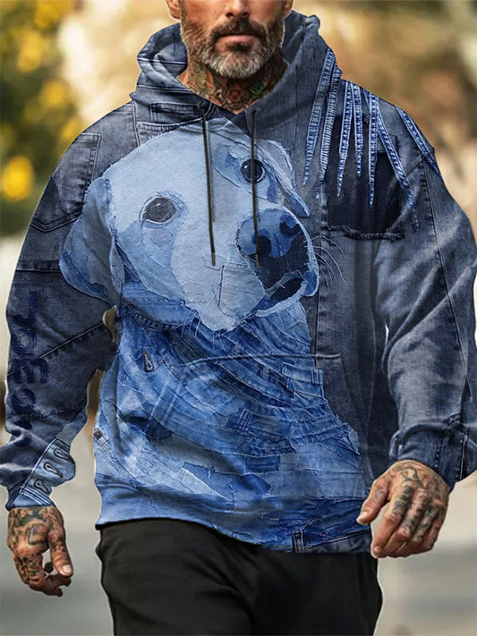 Men's Denim Patchwork Dog Print Hooded Sweatshirt