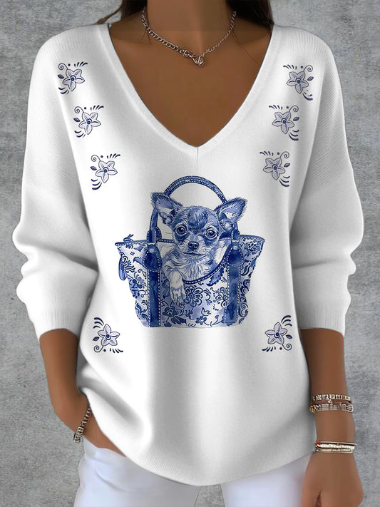 Women's Delft Blue Animal Art Printed Knit V-Neck Pullover Sweater