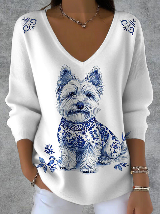 Women's Delft Blue Animal Art Printed Knit V-Neck Pullover Sweater