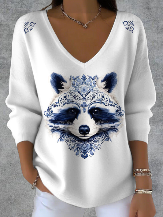 Women's Delft Blue Animal Art Printed Knit V-Neck Pullover Sweater