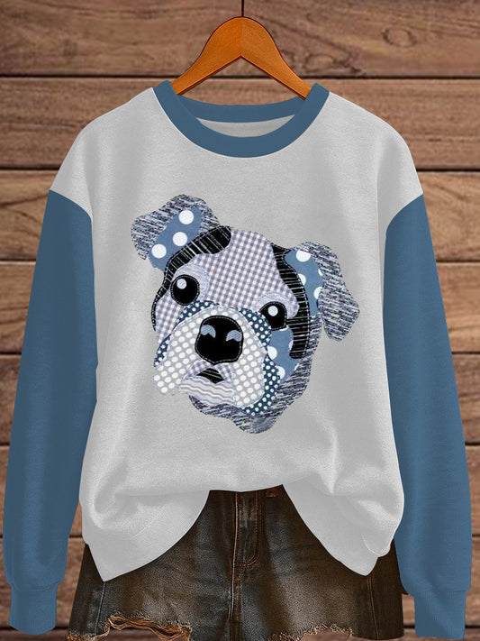 Women's Denim Patchwork Dog Print Sweatshirt
