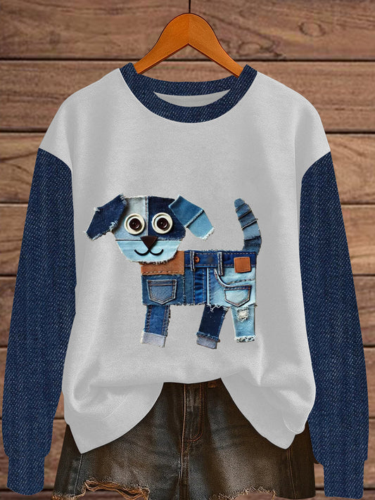 Women's Denim Patchwork Dog Print Sweatshirt