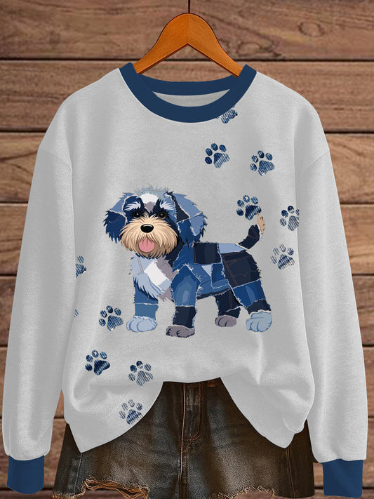 Women's Denim Patchwork Dog Print Sweatshirt