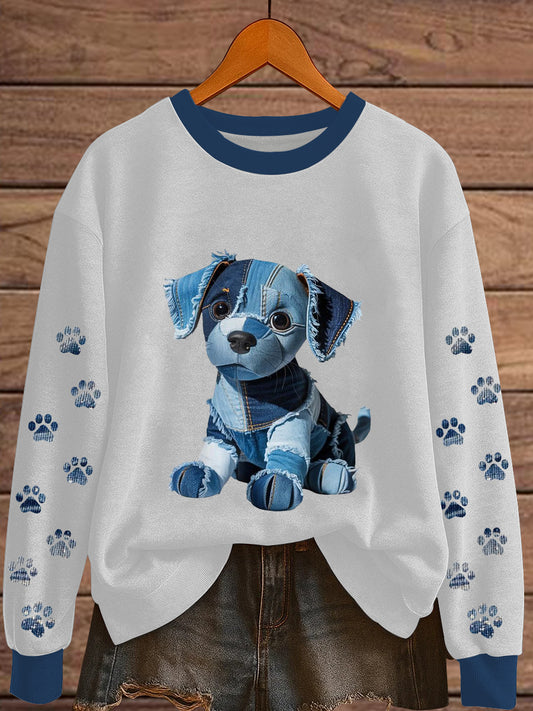 Women's Denim Patchwork Dog Print Sweatshirt