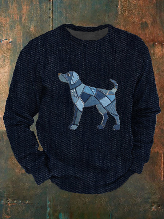 Men's Denim Patchwork Dog Print Sweatshirt