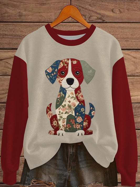 Women's Denim Patchwork Dog Print Sweatshirt