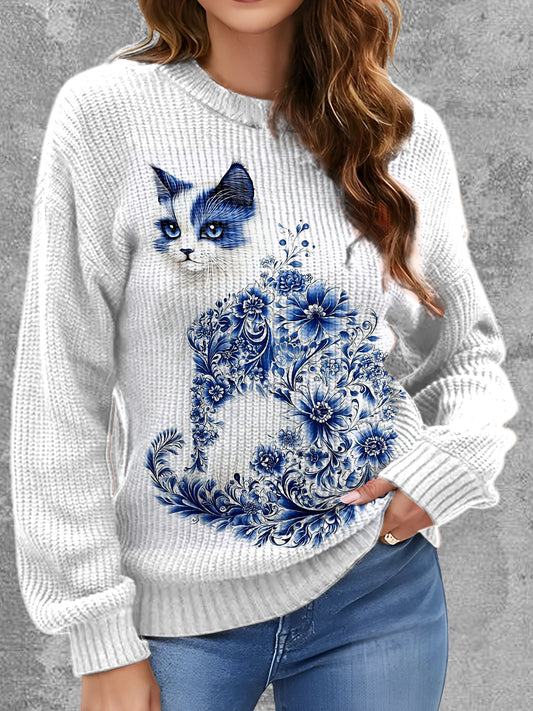 Womens' Elegant Delft Blue Animal Printed Round Neck Comfortable Sweater